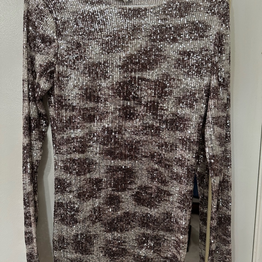 Free People Brown Sequin Long Sleeve Top